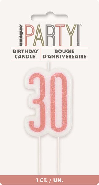 Rose Gold Numeral Pick Candle - 30 - The Party Marketplace