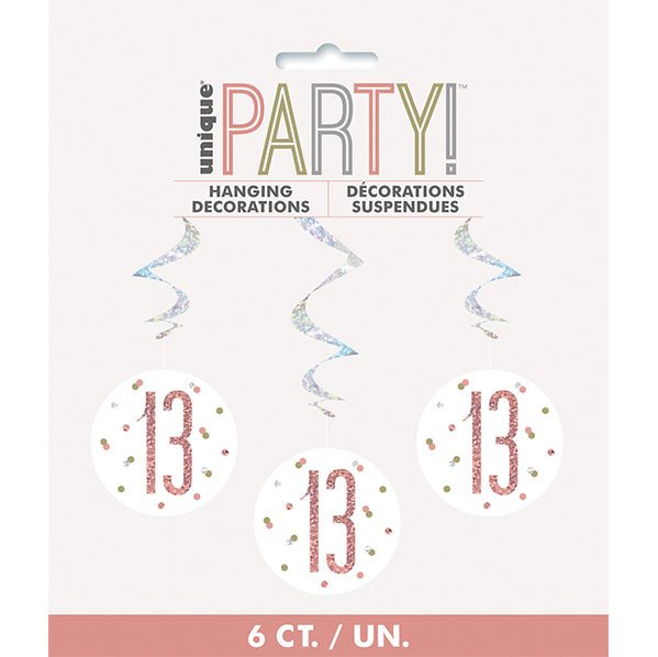 Rose Gold Prismatic "13" Hanging Swirl Decorations (Pack of 6) - The Party Marketplace