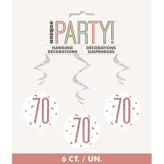 Rose Gold Prismatic "70" Hanging Swirl Decorations (Pack of 6) - The Party Marketplace