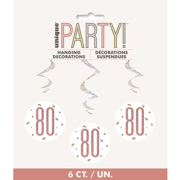 Rose Gold Prismatic "80" Hanging Swirl Decorations (Pack of 6) - The Party Marketplace