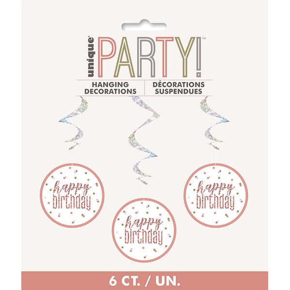 Rose Gold Prismatic "Happy Birthday" Hanging Swirl Decorations (Pack of 6) - The Party Marketplace