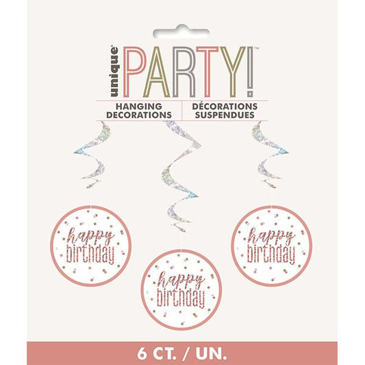Rose Gold Prismatic "Happy Birthday" Hanging Swirl Decorations (Pack of 6) - The Party Marketplace