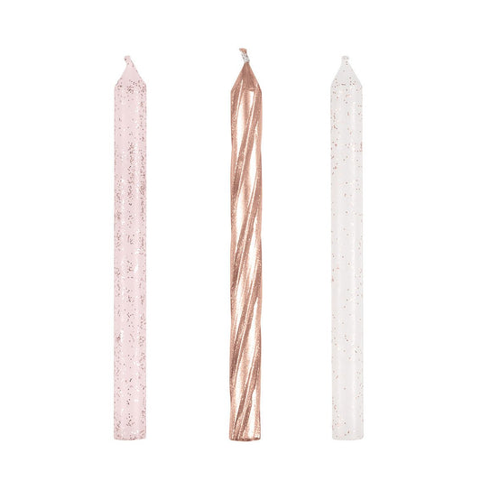 Rose Gold & Rose Gold Glitter Assorted Spiral Candles (Pack of 24) - The Party Marketplace