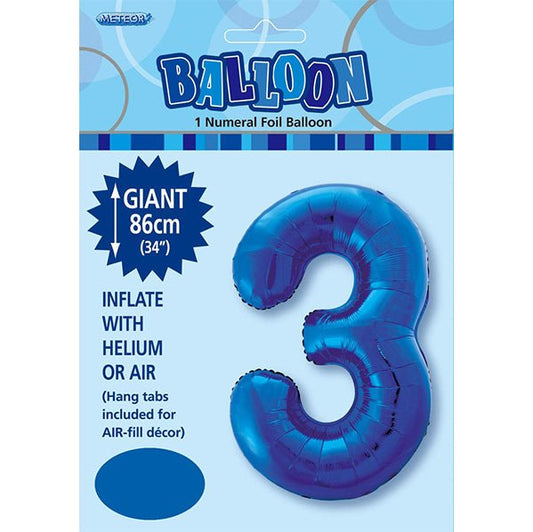 Royal Blue "3" Numeral Foil Balloon (86cm) - The Party Marketplace