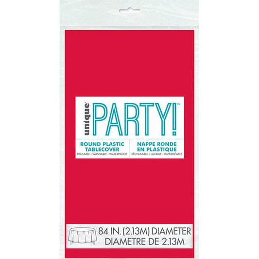 Ruby Red Round Plastic Tablecover 213cm - The Party Marketplace