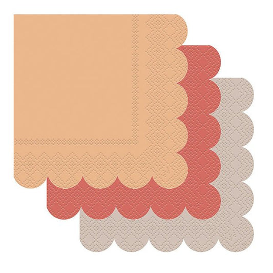 Scalloped Edge Beverage Napkins - Assorted Colours - Brown, Peach & Coral (Pack of 16) - The Party Marketplace