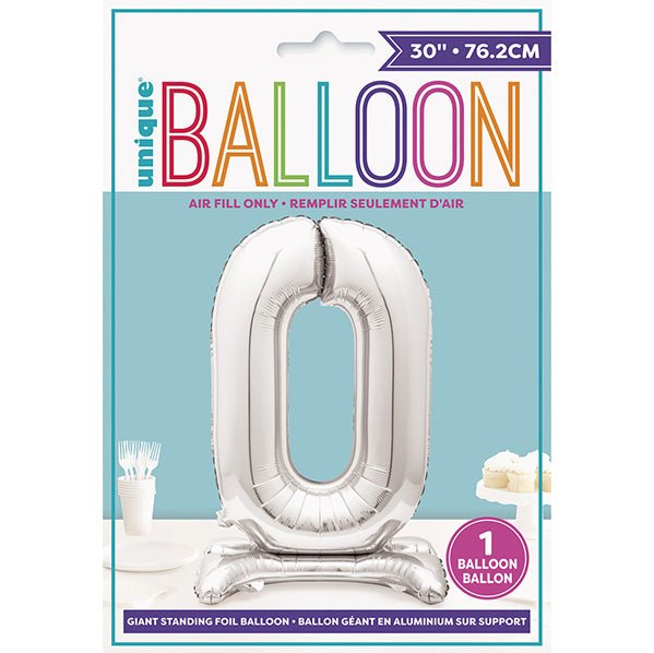 Silver "0" Giant Standing Numeral Foil Balloon (76cm) - The Party Marketplace