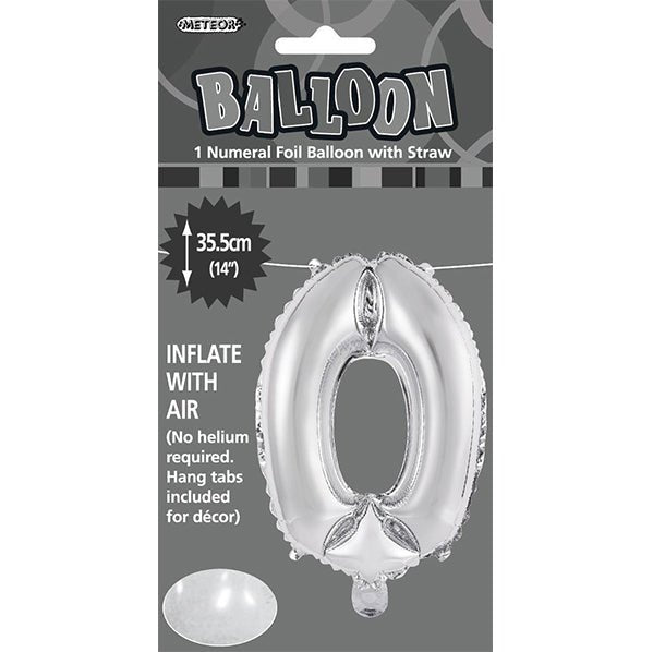Silver "0" Numeral Foil Balloon (35cm) - The Party Marketplace