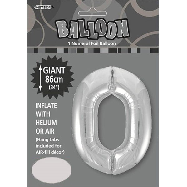 Silver "0" Numeral Foil Balloon (86cm) - The Party Marketplace