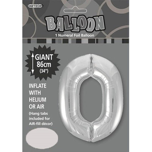Silver "0" Numeral Foil Balloon (86cm) - The Party Marketplace