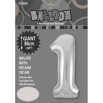 Silver "1" Numeral Foil Balloon (86cm) - The Party Marketplace