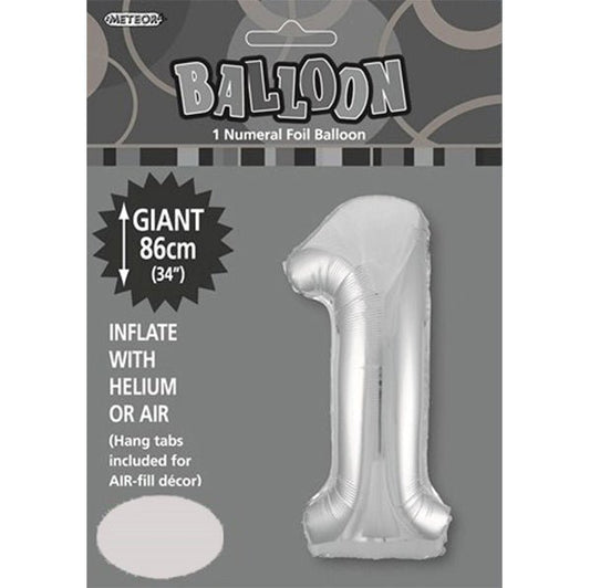 Silver "1" Numeral Foil Balloon (86cm) - The Party Marketplace