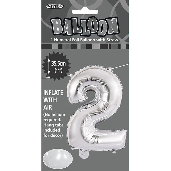 Silver "2" Numeral Foil Balloon (35cm) - The Party Marketplace
