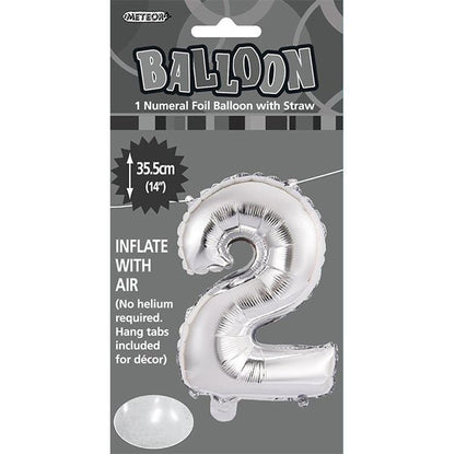 Silver "2" Numeral Foil Balloon (35cm) - The Party Marketplace