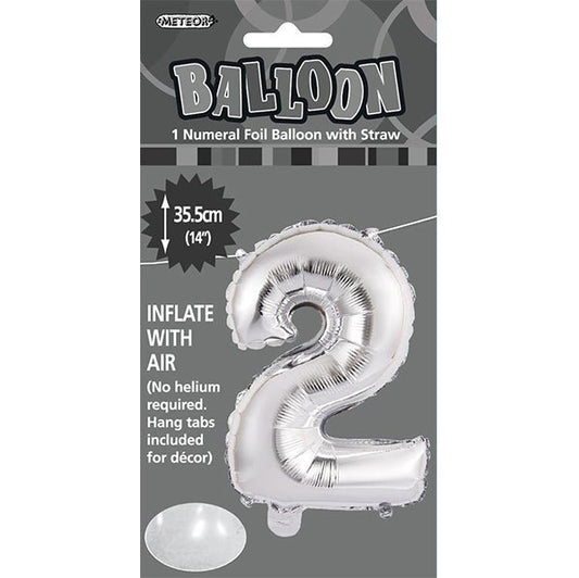 Silver "2" Numeral Foil Balloon (35cm) - The Party Marketplace