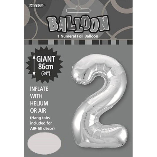 Silver "2" Numeral Foil Balloon (86cm) - The Party Marketplace