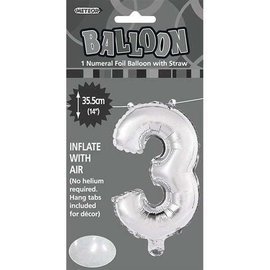 Silver "3" Numeral Foil Balloon (35cm) - The Party Marketplace