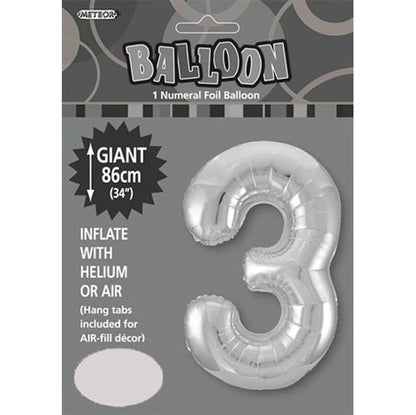 Silver "3" Numeral Foil Balloon (86cm) - The Party Marketplace