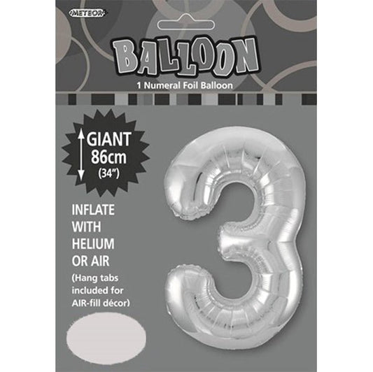 Silver "3" Numeral Foil Balloon (86cm) - The Party Marketplace