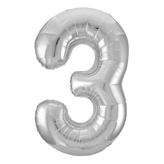 Silver "3" Numeral Foil Balloon (86cm) - The Party Marketplace