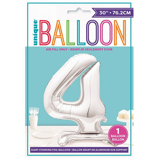 Silver "4" Giant Standing Numeral Foil Balloon (76cm) - The Party Marketplace