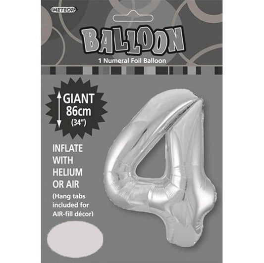 Silver "4" Numeral Foil Balloon (86cm) - The Party Marketplace