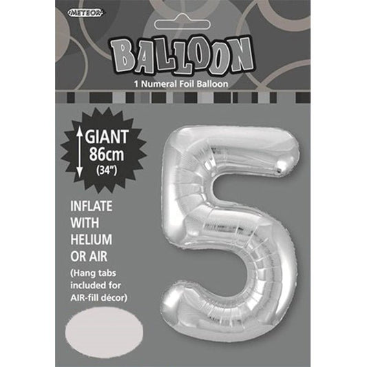 Silver "5" Numeral Foil Balloon (86cm) - The Party Marketplace