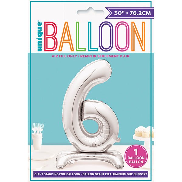 Silver "6" Giant Standing Numeral Foil Balloon (76cm) - The Party Marketplace