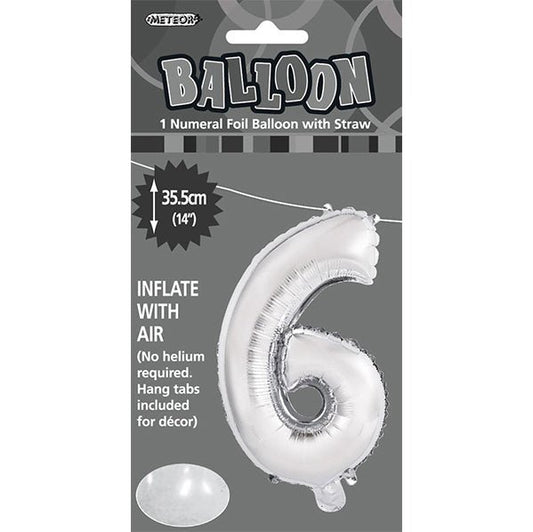 Silver "6" Numeral Foil Balloon (35cm) - The Party Marketplace
