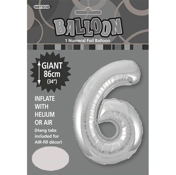 Silver "6" Numeral Foil Balloon (86cm) - The Party Marketplace