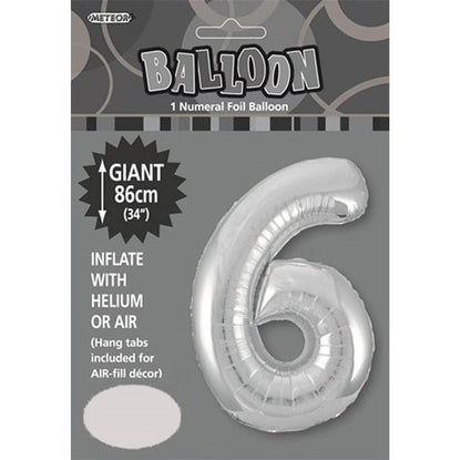 Silver "6" Numeral Foil Balloon (86cm) - The Party Marketplace