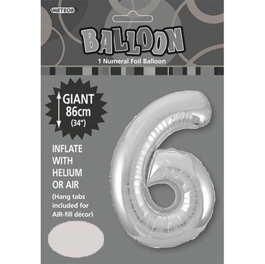 Silver "6" Numeral Foil Balloon (86cm) - The Party Marketplace
