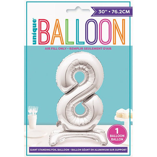 Silver "8" Giant Standing Numeral Foil Balloon (76cm) - The Party Marketplace