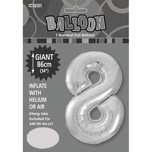 Silver "8" Numeral Foil Balloon (86cm) - The Party Marketplace