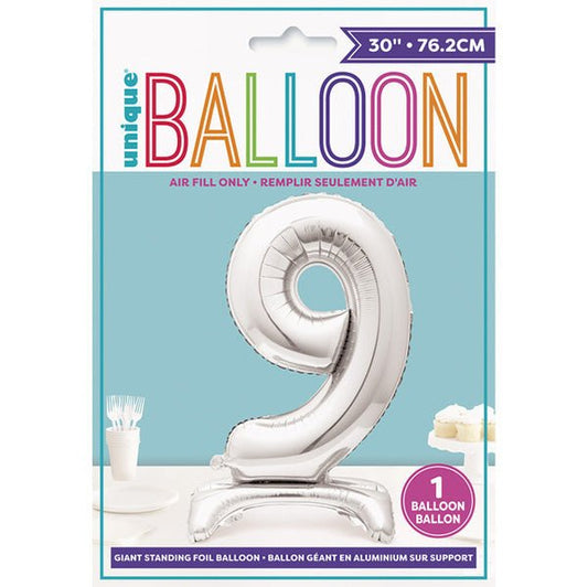 Silver "9" Giant Standing Numeral Foil Balloon (76cm) - The Party Marketplace