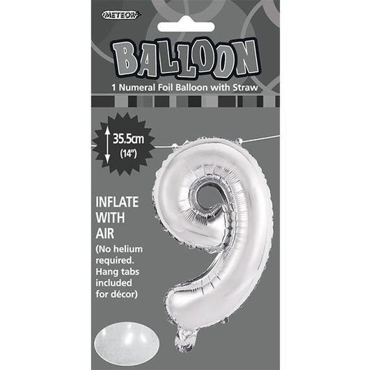 Silver "9" Numeral Foil Balloon (35cm) - The Party Marketplace