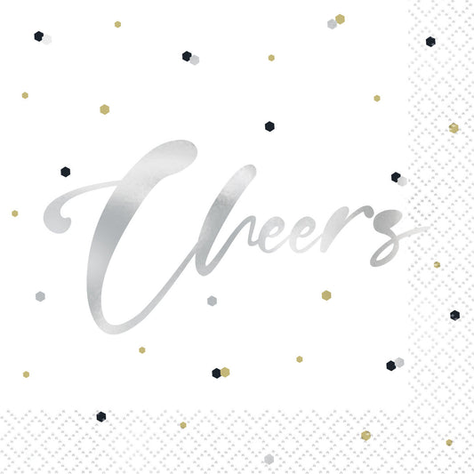 Silver Birthday Foil Stamped "Cheers" Beverage Napkins (Pack of 16) - The Party Marketplace