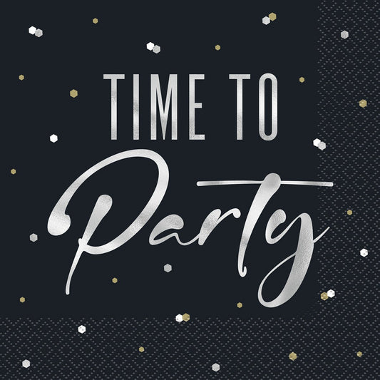 Silver Birthday Foil Stamped "Time To Party" Luncheon Napkins (Pack of 16) - The Party Marketplace