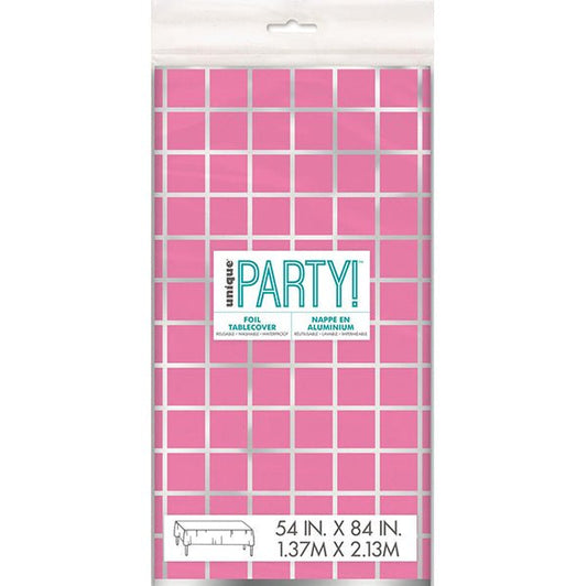 Silver & Bright Pink Printed Foil Tablecover 137cm x 213cm - The Party Marketplace