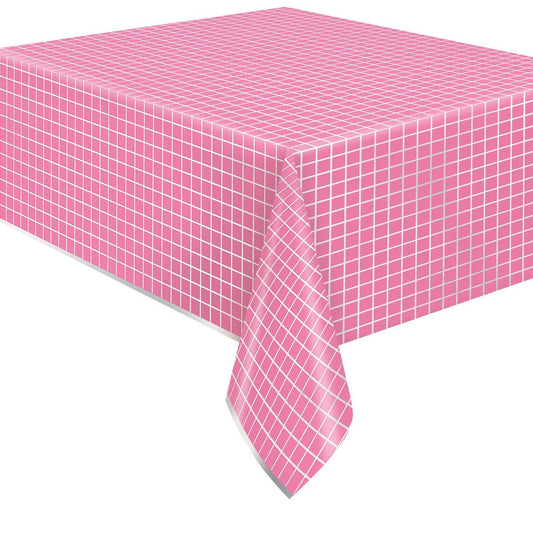 Silver & Bright Pink Printed Foil Tablecover 137cm x 213cm - The Party Marketplace