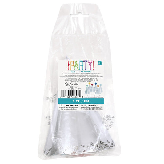 Silver Foil Pom Pom Party Hat (Pack of 6) - The Party Marketplace