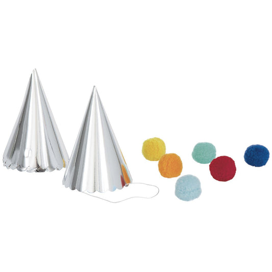 Silver Foil Pom Pom Party Hat (Pack of 6) - The Party Marketplace