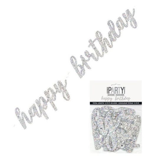 Silver Foil Script "Happy Birthday" Prismatic Jointed Banner - 83.8cm - The Party Marketplace