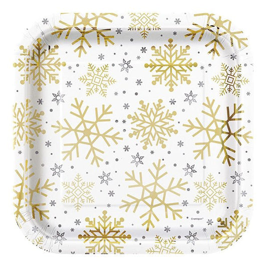 Silver & Gold Holiday Snowflakes Foil Stamped Square Paper Plates 23cm (Pack of 8) - The Party Marketplace