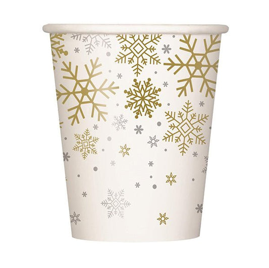 Silver & Gold Holiday Snowflakes Paper Cups 270ml (Pack of 8) - The Party Marketplace