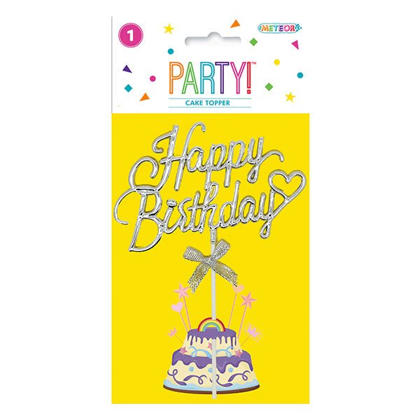 Silver "Happy Birthday" Cake Topper With Bow - The Party Marketplace