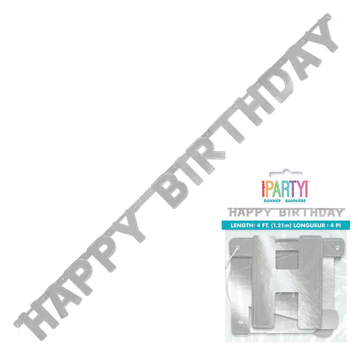 Silver "Happy Birthday" Jointed Banner - 1.21m - The Party Marketplace
