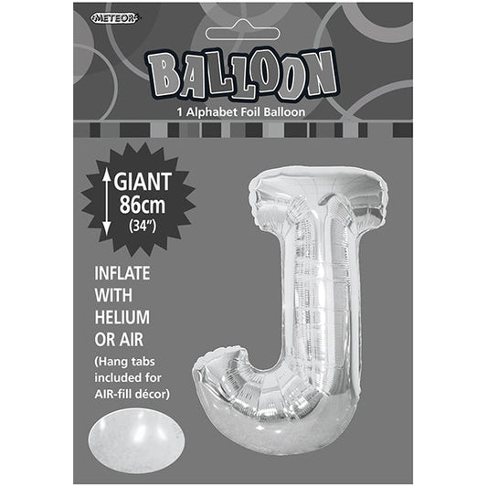 Silver "J" Letter Foil Balloon (86cm) - The Party Marketplace