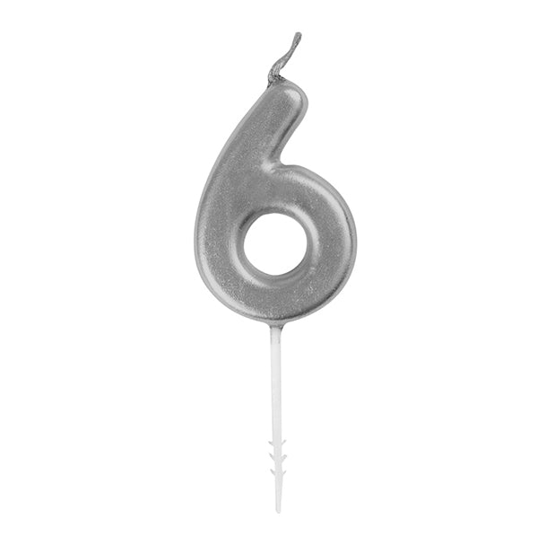 Silver Mini Numeral Pick Candle - 6 - The Party Marketplace