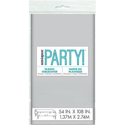 Silver Rectangular Plastic Tablecover 137cm x 274cm - The Party Marketplace